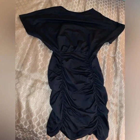 SHORT SLEEVE OFF THE SHOULDER RUCHED SKIRT BODYCON DRESS SIZE M BLACK - Picture 7 of 12